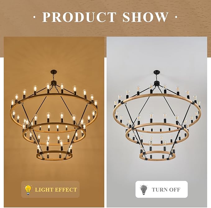 48 Lights 3 Tier Extra Large Wooden Wagon Wheel Chandelier Natural Farmhouse 63'' High Ceiling Black Rustic Round Wood Pendant Light Fixture for Living Room Foyer Villa Staircases