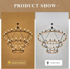 48 Lights 3 Tier Extra Large Wooden Wagon Wheel Chandelier Natural Farmhouse 63'' High Ceiling Black Rustic Round Wood Pendant Light Fixture for Living Room Foyer Villa Staircases