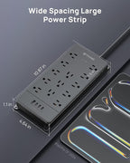 TROND 360° Rotating Flat Plug, Surge Protector Power Strip, 13AC Widely Spaced Outlets Expansion with 3 USB C Ports, 4000J, 15ft Extension Cord Heavy Duty, Wall Mount, Under Desk, ETL Listed, Black