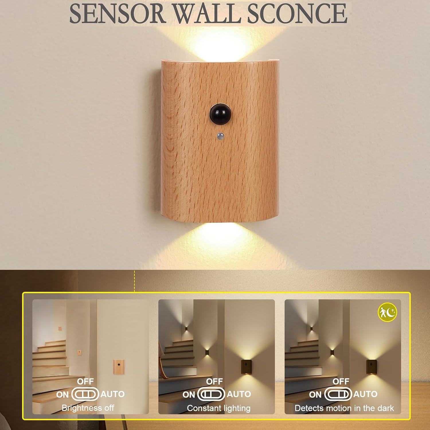 LANDGOO White Ash Wood Night Light Step Light - Smart Motion Sensor Stair Lighting, Rechargeable 2700K LED for Bedroom Hallway Safety, Easy Install (1 Pack)