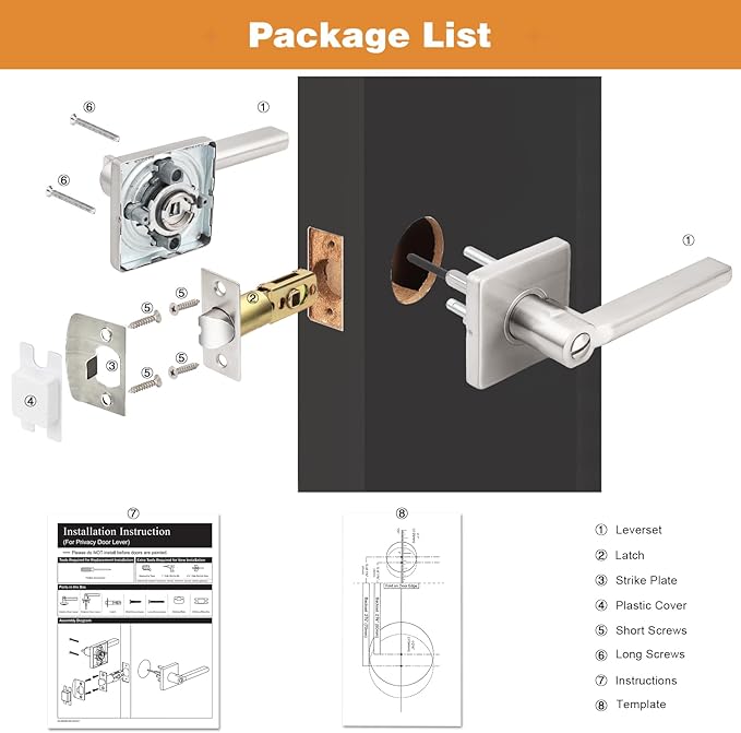 Probrico Privacy Door Handle Interior Heavy Duty Square Brushed Nickel Door Knobs for Bedroom Bathroom Reversible Keyless Door Lever Satin Nickel, 6 Pack