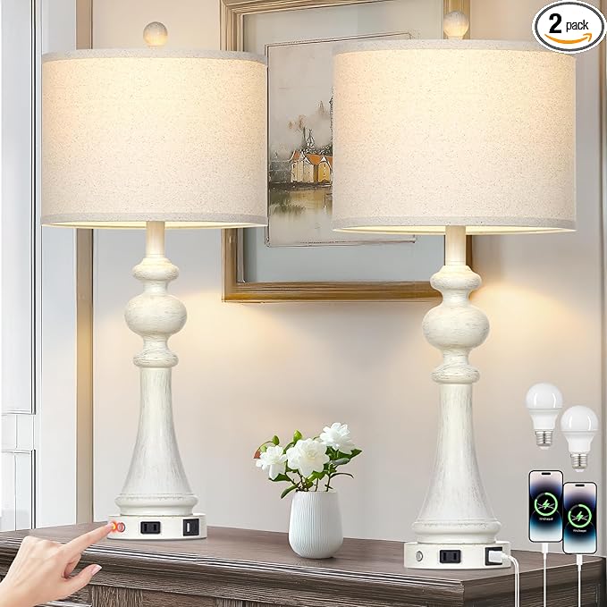 28" Farmhouse Table Lamps Set of 2, Vintage Bedside Lamps with USB A+C Charging Ports & AC Outlet, 3-Way Dimmable Touch Control Nightstand Lamp for Living Room Bedroom Wash White(2 LED Bulbs Included)