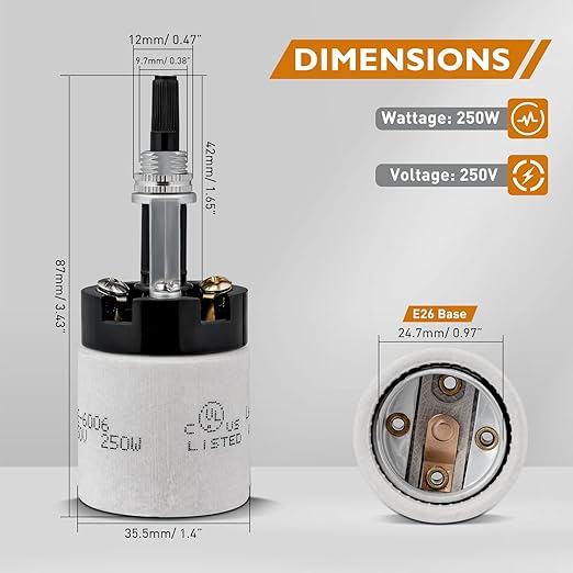 E26 Porcelain Lamp Socket with Rotary Knob Switch - High Temperature Resistance, UL Listed, 250V 250W for Safe Lighting Replacements(2 Pack)