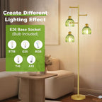 Glass Floor Lamps for Living Room, 3 Lights Mid Century Modern Standing Lamp with Foot Switch, Retro Gold Floor Lamp with Green Glass Shade, Vintage Tree Tall Lamps with Bulb for Bedroom Office