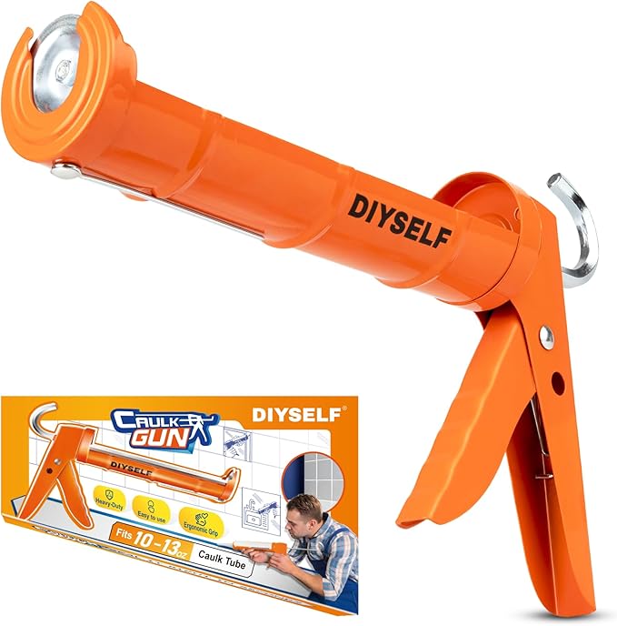 DIYSELF-Caulk-Gun-Drip-Free, Hand Caulking Tool with Smooth Rod, Caulking Gun Fits 10 oz Tube, 10:1 Thrust Ratio Silicone Gun for Bathroom, Kitchen, Windows, Door Frames, Small Repairs (Orange)