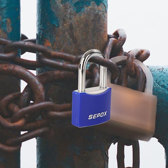 SEPOX® 3 Pcs 2" Large Padlock All-Weather Outdoor Pad Locks Keyed Alike, Long Shackle, Solid Steel Lock, Heavy-Duty with Blue Cover, for Gate Fence Cabinet Toolbox School Gym Locker, 3pcs Same Key