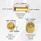 140PCS Compression Fittings Assortment kit - 1/4" of Brass Compression Sleeve Ferrule, Insert and Nuts,Used to Connect Lines for Air,Water,Fuel,Oil and Inert Gases