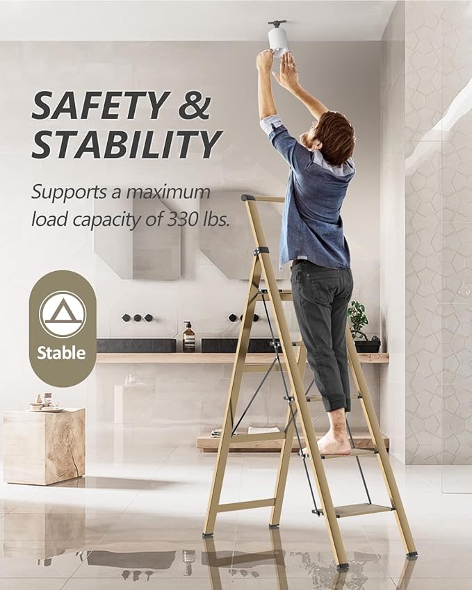 5 Step Ladder, Folding Step Stool, Lightweight Aluminum Foldable Ladder for 10 Foot High Ceiling with Anti-Slip Wide Sturdy Pedal and Handgrip, Multi-Use for Home (300 lbs Capacity) - Champagne Gold