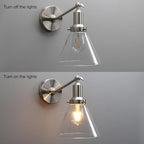 PERMO Industrial Vintage Slope Pole Wall Mount Single Sconce with Funnel Flared Clear Glass Shade Wall Sconce Light Lamp Fixture (Brushed)
