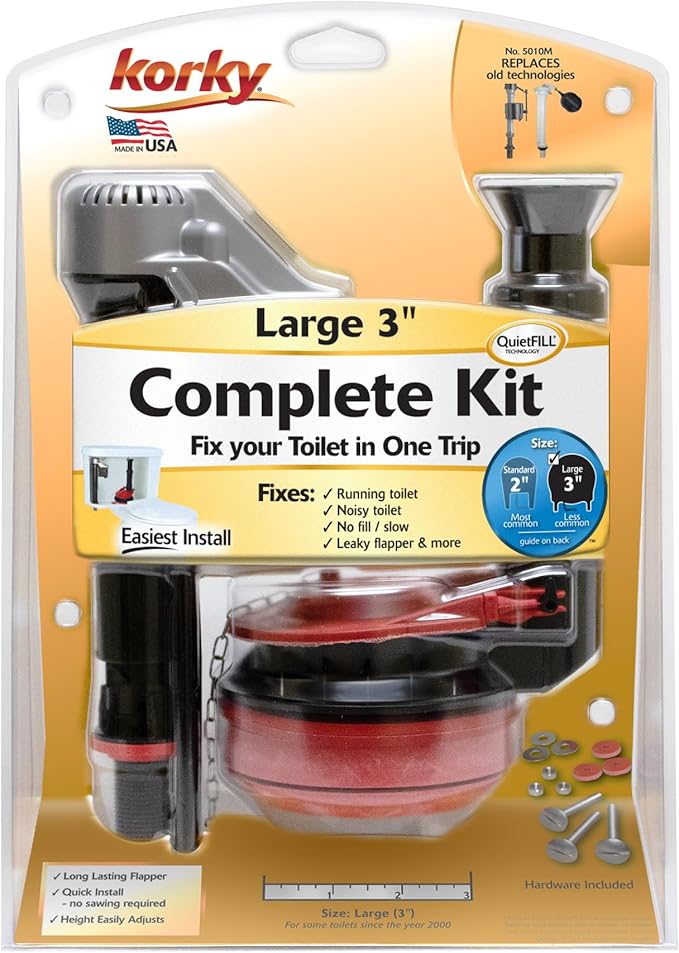 Korky Large 3-inch Complete Toilet Repair Kit, Fixes: Running, Noisy, No/Slow Refill, and No/Weak Flush Toilets, Easy to Install, 5010MP