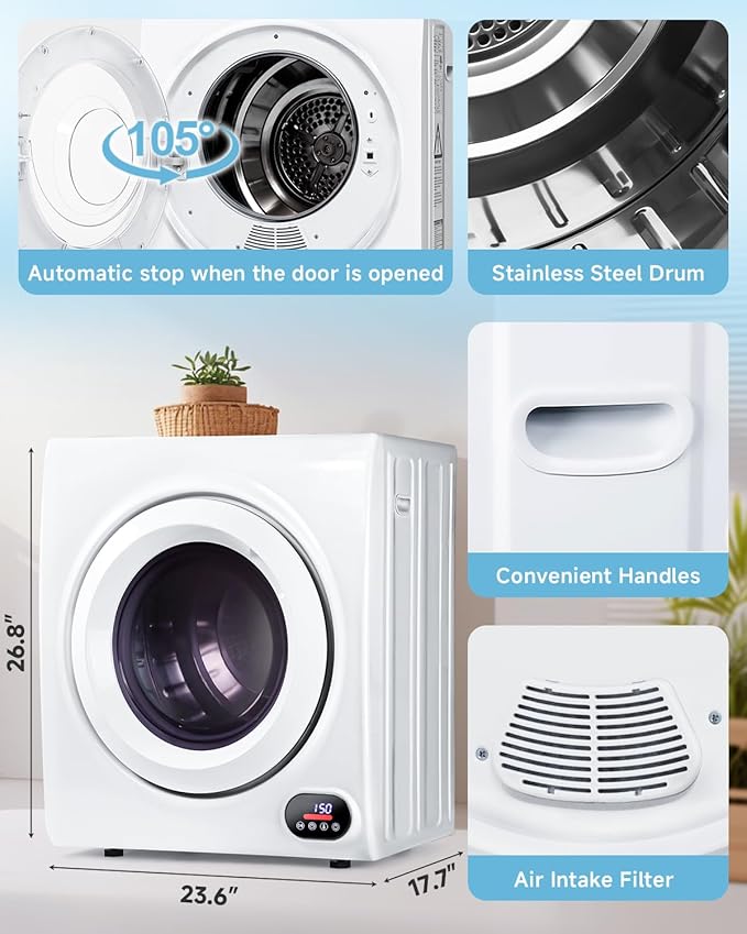 2.65 Cu.Ft Portable Clothes Dryer - 1400W Clothes Dryer with Stainless Steel Tub, Front Load Tumble, LCD Touch Panel - Compact Drying Unit for Laundry, Apartments, Dorms