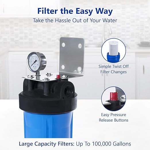 Express Water Whole House Water Filter, 1 Stage Home Water Filtration System, Carbon Filter, Includes Pressure Gauges, Easy Release, and 1 Inch Connections.
