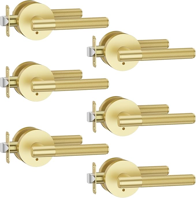 Asidrama 6 Pack Privacy Gold Door Handles, Door Lever with Door Knobs Indoor for Bedroom or Bathroom, Heavy Duty Brushed Gold Door Handles Interior with Locks for Left Right Sided Doors