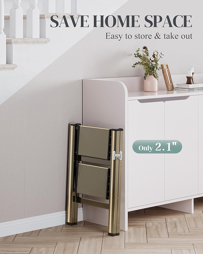 GameGem 2 Step Ladder, Folding Step Stool with Wider Pedal, Anti-Slip Feet & Non Slip Stripes, Aluminum Sturdy Material, 300Lbs Capacity, Elegant Look of Champagne Gold Better Matches Your Home