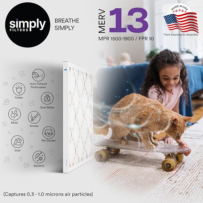 Simply 16x16x1 Air Filter, MERV 13, MPR 1500, 6 Pack, For Home AC Furnace & HVAC (Actual Size: 15.75"x15.75"x0.75") DUST, Pet, & Allergy Control