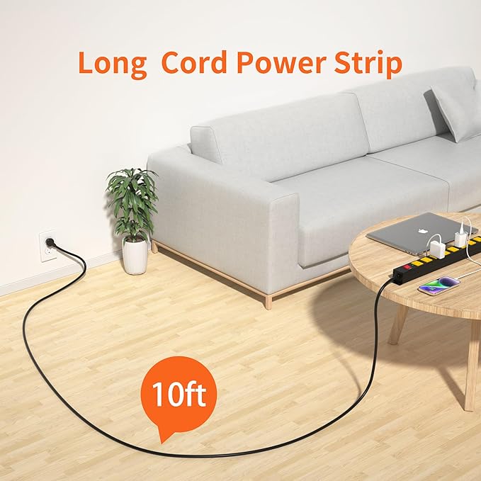 8 Outlet Power Strip 2100J Surge Protector, 10FT Heavy Duty Extension Cord Wide Spaced Outlet and Wall Mount Metal Powerstrip for Home Office Garage Workshop