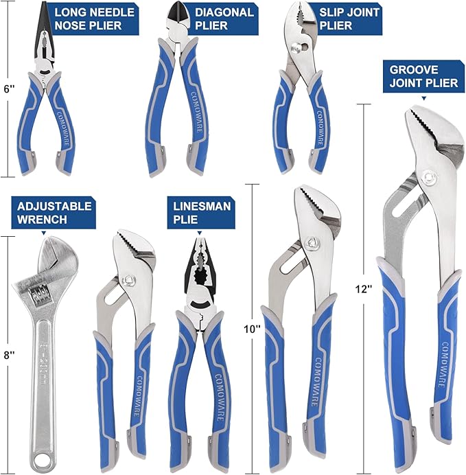 COMOWARE Large Pliers & Wrench Set 8Pcs with Pouch(12", 10", 8" Groove Joint Pliers, 8" Adjustable Wrench, 8" Linesman, 6" Long Needle Nose, 6" Slip Joint, 6" Diagonal) for Home & DIY