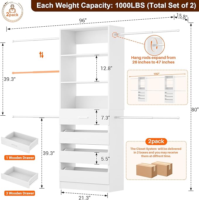 Aheaplus Closet System Set of 2, 4-9Ft Wood Closet Organizer with Drawers & Shelves, Closet Organizer System with 8 Hanging Rods, Walk-in Closets Organizer Wardrobe Closet Rack, White