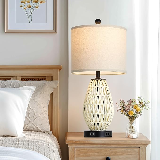 White Rattan Table Lamps Set of 2, 3 Way Dimmable Touch Control Bedside Lamp for Nightstand with 2 USB Ports and AC Outlet, Woven Wicker Bedroom Lamp, Boho Farmhouse Lamps for Living Room End Table