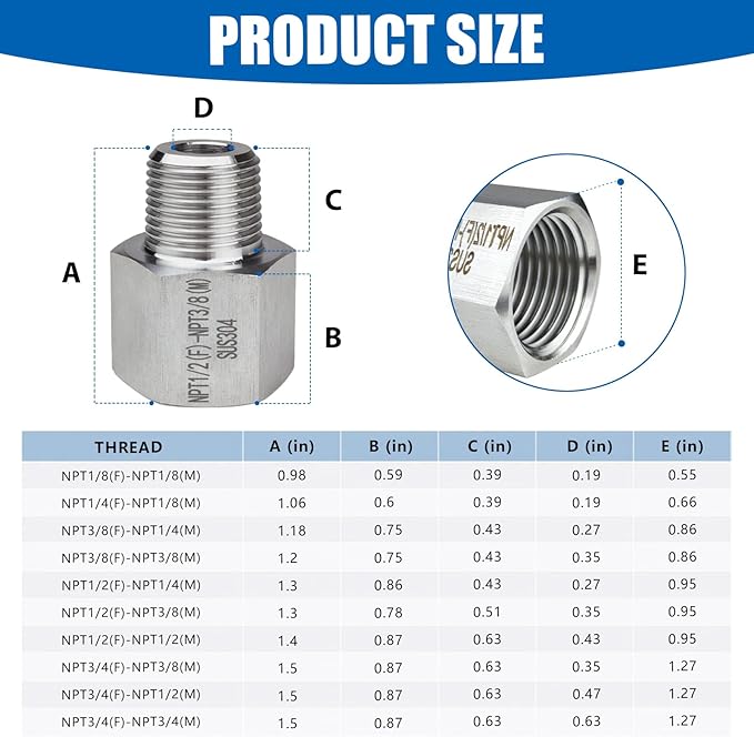 2 pieces Npt1/2 Female to Npt3/8 Male Reducer,Water pipe Adapter, Fabricate of 304 Stainless Steel