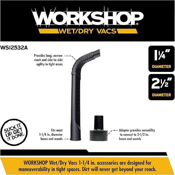 WORKSHOP Wet/Dry Vacs Shop Vacuum Accessories WS12532A Flexible Crevice Tool Attachment for Wet Dry Vacuum Cleaners, Fits Most 1-1/4-inch and 2-1/2-inch Extension Wands and Hoses