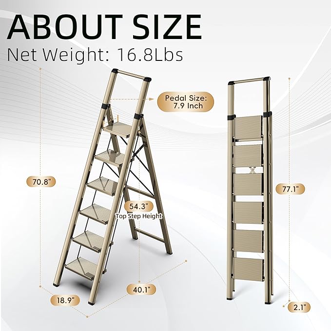 GameGem Step Ladder 6 Step Folding, Aluminum Ladders for High Ceilings, Tall Closet, Cabinet, 6 ft Lightweight Step Ladder with Anti-Slip Foot for Home Use, 330Lbs Load, Champange Gold