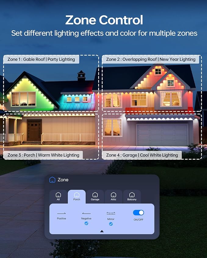 ASAHOM AI Permanent Outdoor Lights S107C, 150FT with 108 RGBCW LED Lights and Dual Output, 30,000 Lighting Effect Combination, IP67 Waterproof for House Halloween Christmas and Daily Decoration, White