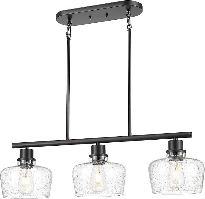 Emak Black Dining Room Light Fixture, Modern 32 Inch Linear Chandelier Lamp with Seeded Glass Shade, Farmhouse 3-Light Kitchen Island Lighting for Kitchen, Dining Room, Bar, IL122-BK-SG-3