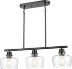 Emak Black Dining Room Light Fixture, Modern 32 Inch Linear Chandelier Lamp with Seeded Glass Shade, Farmhouse 3-Light Kitchen Island Lighting for Kitchen, Dining Room, Bar, IL122-BK-SG-3