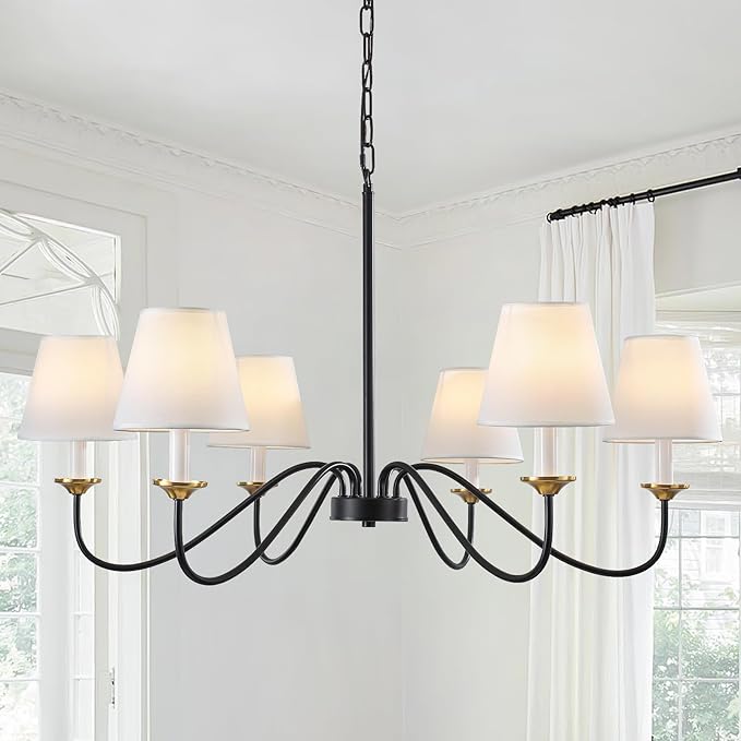 Vintage Chandelier Farmhouse Chandelier for Dining Room - 6 Lights 35.8" Modern Light Fixture, Adjustable Pendant Lighting for Living Room Hallway Bedroom Foyer Black with White Fabric Shade