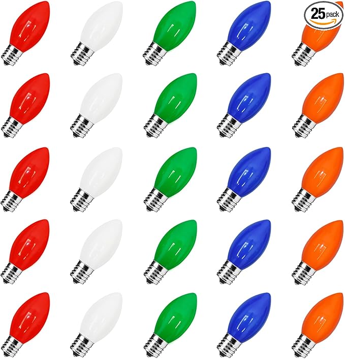 25 Pack C7 Christmas Light Bulbs, C7 Ceramic Multicolor Christmas Lights Replacement Bulb, E12 Candelabra Base Vintage Light Bulbs for Outdoor Xmas String Lights Nightlight Chandelier, 5 Watts