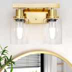 2-Light Brushed Gold Vanity Lights for Bathroom, Brushed Gold Bathroom Light Fixtures, Modern Vanity Lighting Over Mirror with Clear Glass Shade, Farmhouse Bath Wall Lamp for Mirror