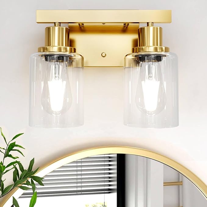 2-Light Brushed Gold Vanity Lights for Bathroom, Brushed Gold Bathroom Light Fixtures, Modern Vanity Lighting Over Mirror with Clear Glass Shade, Farmhouse Bath Wall Lamp for Mirror