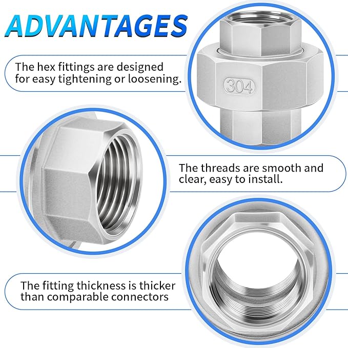 ChillWaves 304 Stainless Steel Cast Pipe Fitting, Union，1/4" NPT Female，Thread Adapter(4-PACK)