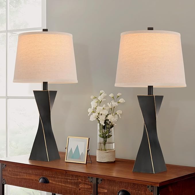 Bedside Lamps Set of 2 Unique Modern Vintage Table Lamp Rustic Farmhouse Desk Lamps for Living Room End Tables Bulb Not Included, Linen Shade, 26.5 in,Black Gold