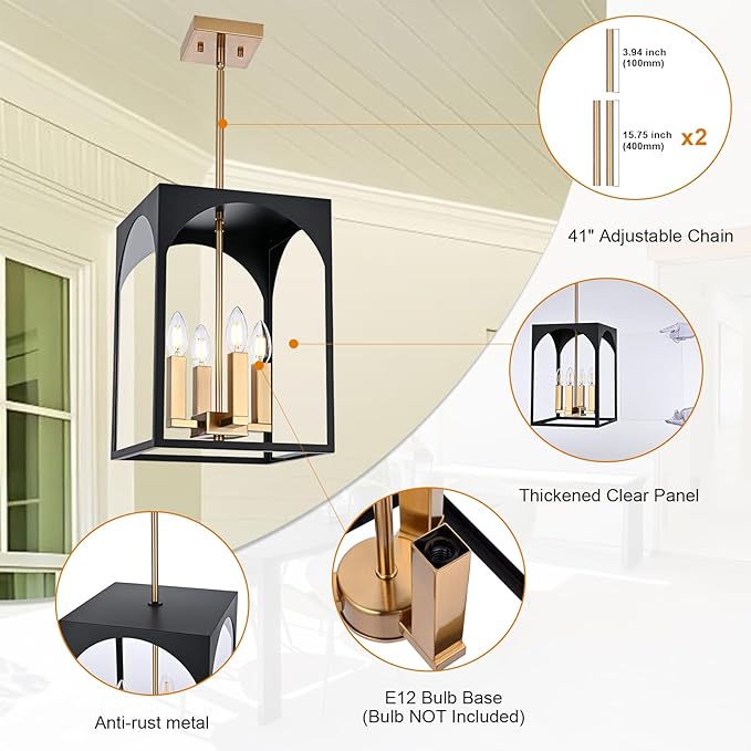 VINLUZ Outdoor 4 Lights in Black and Brushed Brass Finish, Metal Indoor Outdoor Pendant Hanging Lantern Lighting with Clear Glass Shade for Balcony Dining Room