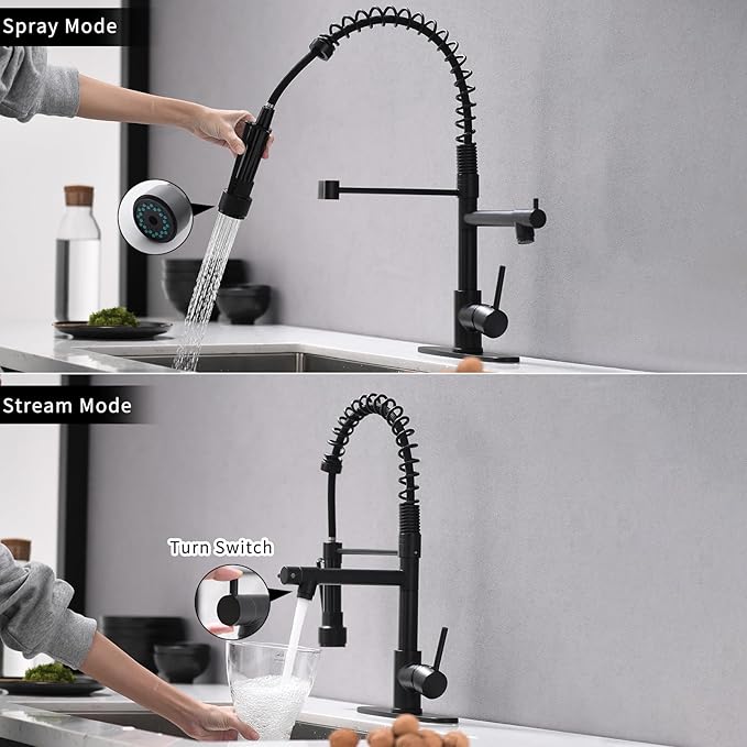 AIMADI Black Kitchen Faucet with Pull Down Sprayer, Commercial Single Handle High Pressure Kitchen Faucet Black with Deck Plate