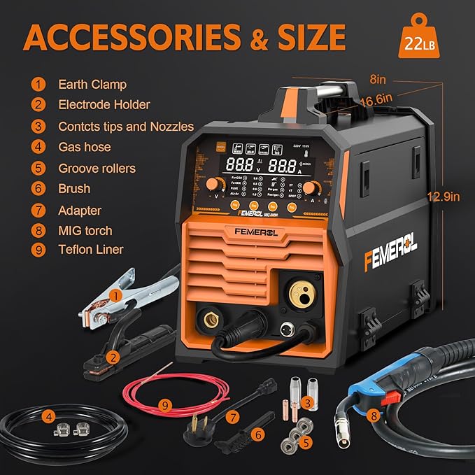 250A MIG Welder,6 in 1 Gas MIG/Gasless Flux Core/Stick/Lift TIG/Spot Welding/Spool Gun Compatible Aluminum Welding Machine Large LED Display 110V/220V Multi Process Welder