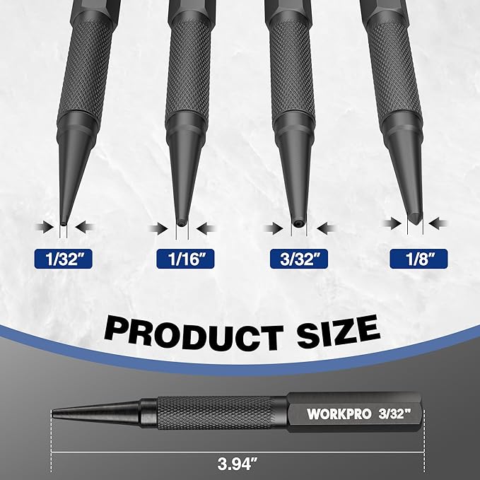 WORKPRO 4-Piece Nail Punch and Center Punch Set, Hardened Cr-V Steel with Knurled Grip,1/32", 1/16", 3/32" Nail Setter & 1/32" Center Punch Tool