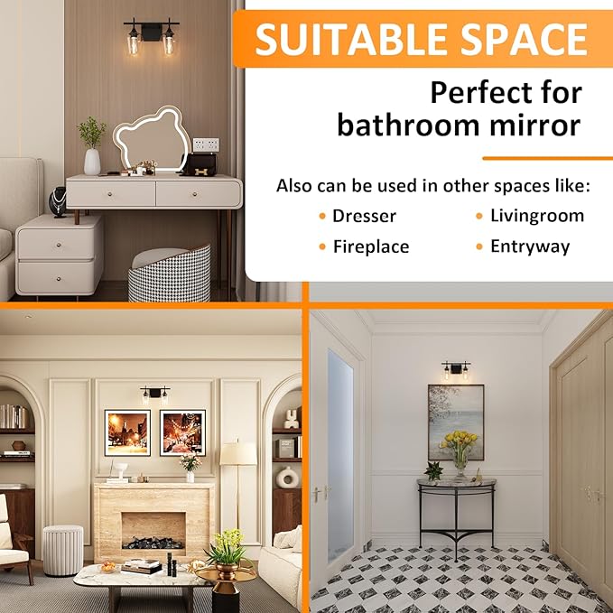 Vanity Bathroom Light, 2-Light Bathroom Light Fixtures Over Mirror, Black Vanity Lights for Bathroom with Clear Glass, Modern Wall Lamp for Cabinet Hallway, Bedroom