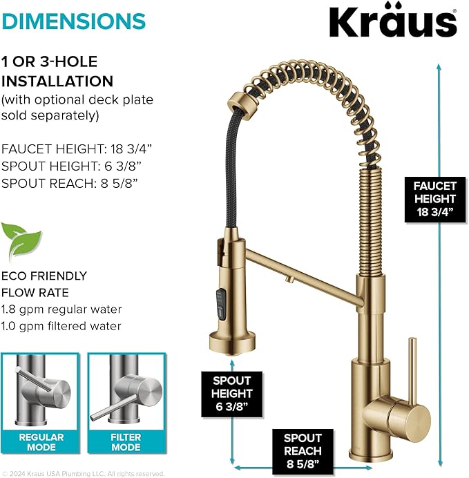 Kraus Bolden 2-in-1 Pull-Down Single Handle Kitchen Sink Filter Water Faucet for Reverse Osmosis or Water Filtration System in Brushed Brass, KFF-1610BB