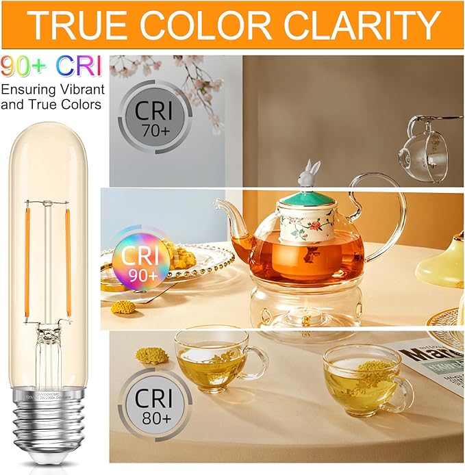 Tubular LED Edison Bulb 2200K Amber Warm Dimmable, 2W, 25 watt Equivalent, E26 LED Light Bulbs, T10 Edison Bulbs for Chandeliers, Ceiling Fan, 90+CRI 250LM, 6 Pack