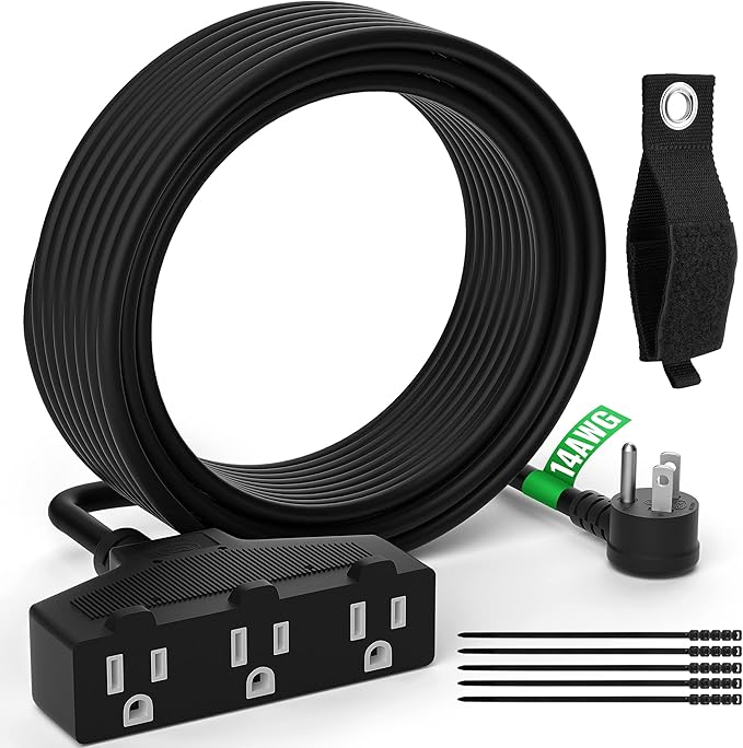 Outdoor Extension Cord 10 Ft with 3 Outlets, 14/3 SJTW 3 Prong Grounded Power Cord, 14 Gauge 14AWG Heavy Duty Power Cable, ETL Listed, 15 Amp 125 V 1875 W-Multiple Outlets for Indoor/Outdoor-Black