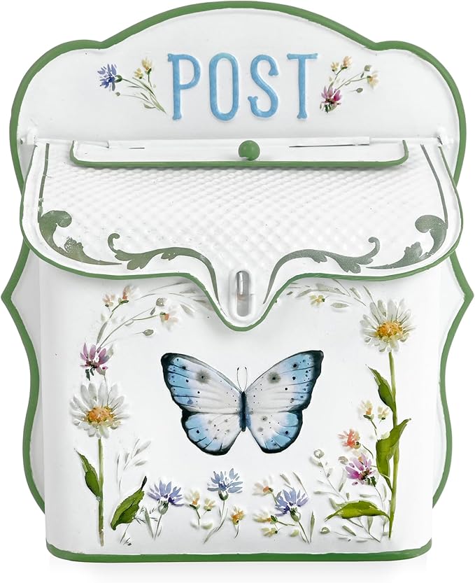 Mailbox Wall Mount Mailboxes for Outside Vintage Mail Boxes for House Outside Metal Drop Box Antique Style Nostalgic Charm Home Decorative, Butterfly Pattern, White