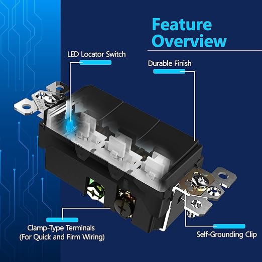 LIDER Matte Finish Lighted Triple Switch with Screwless Wall Plate, Combination Frameless Decorator Switch with Locator Light, Ground Terminal Single Pole, 15A 120V, UL Listed, Black, 2 Pack