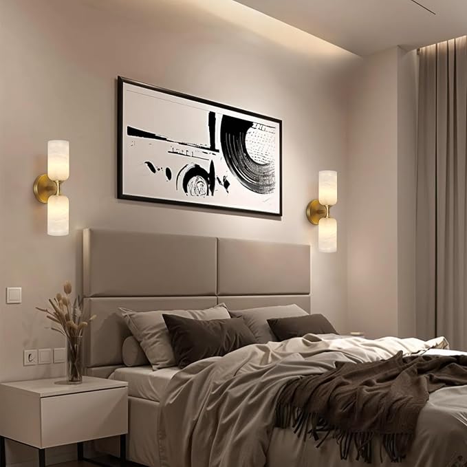 Alabaster Wall Sconces Set of Two, 14in Modern Spanish Natural Marble Bathroom Vanity Sconces, Brass Alabaster Sconce Wall Lighting, Gold Wall Light Fixtures Decor for Bedroom Living Room Staircases