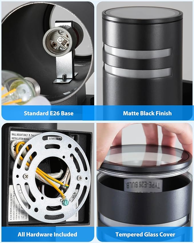 KIZON Dusk to Dawn Outdoor Lighting 2 Pack, Modern Outdoor Wall Light Black Exterior Lighting Fixtures Wall Mount with Bulbs Included, Cylinder Outdoor Sconce Lights for House Porch, ETL Listed