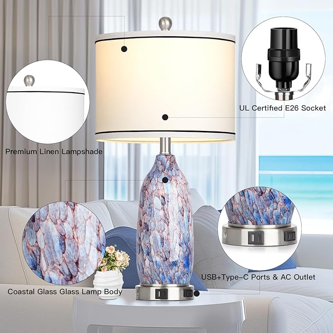 Coastal Lamps with USB A+C Ports & LED Night Light, Unique Seashells Glass Table Lamps with Natural Fabric Shade, Modern Touch Control Beach Bedside Lamp for Living Room Bedroom Nightstand Navy Blue