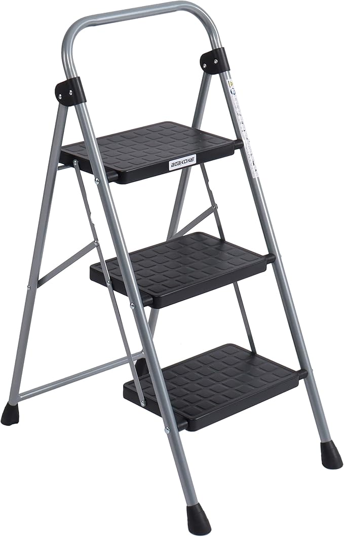 3-Step Ladders Folding Step Stool with Anti Slip Pedal and Handgrip Portable Sturdy Ladder for Home & Office 330 Lbs Silver Grey
