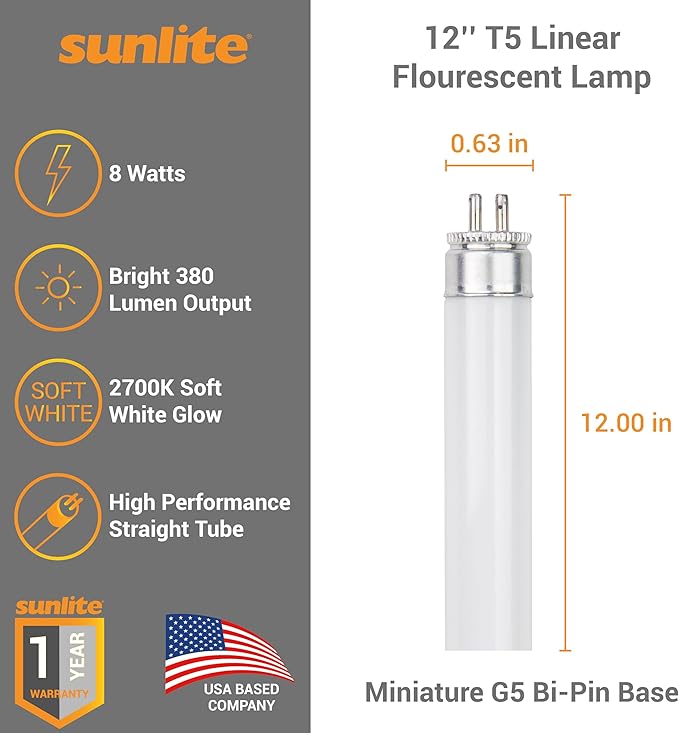 Sunlite 12-Inch F8T5/WW T5 Linear Fluorescent Lamp, 8 Watts, 380 Lumens, 2700K Soft White, Miniature G5 Bi-Pin Base, ROHS Compliant, High Performance Straight Tube, 10 Pack